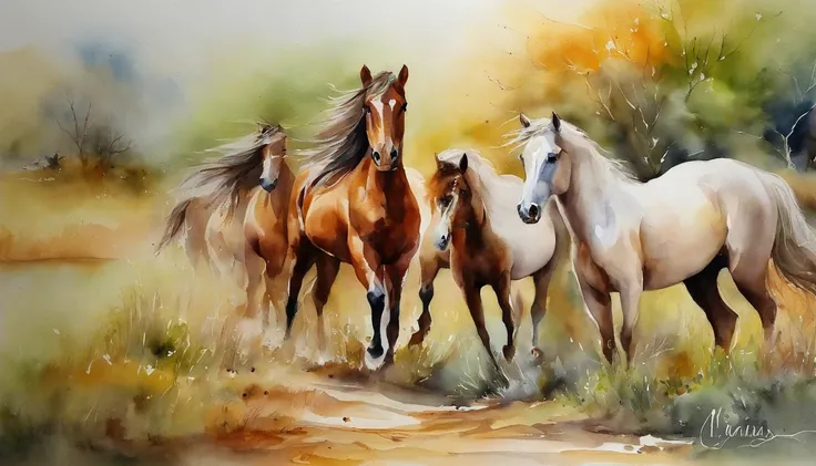 9 horses，Nine Jun Diagram, Watercolor painting, watercolor paiting, watercolor paiting, Watercolor painting, watercolor on paper, Watercolor on canvas, detailed watercolour, Colorful watercolor painting, Watercolor on paper, watercolor paiting, fantasy wat...