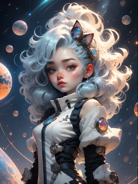 silver hair and body, cute tabby cat, anime stye badass girl, cute but powerful, whymsical, space themed, retro, cosmic, cat, futuristic, not on planet earth. Anime beauty, in the style of iridescent,colorful, crystalcore, colorful animations,silver and bl...