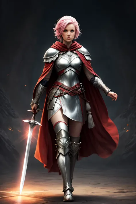 White female warrior Pink hair, white armor with silver. Red cloak, long sword, light falling on the reflective armor.