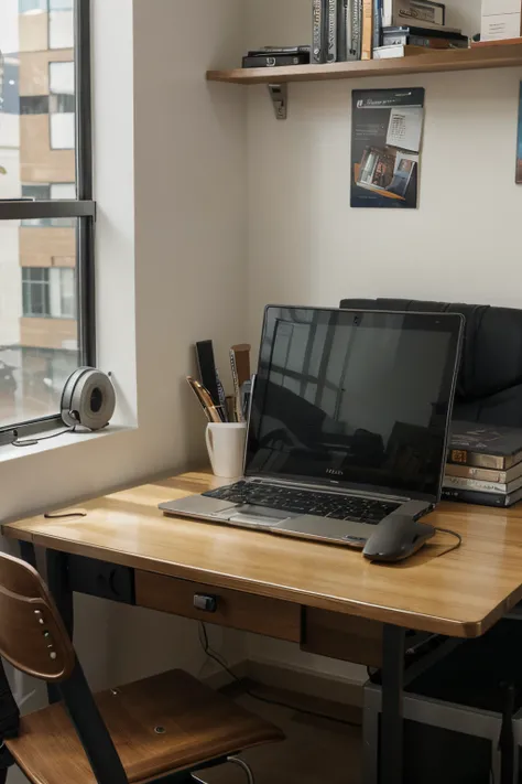 workplace table with laptop , English textbooks are on the table. Headphones lie next to the laptop