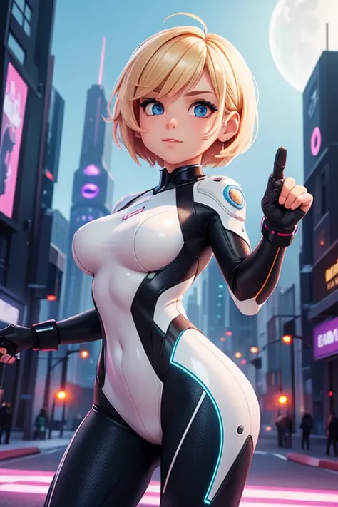 beautiful girl, short blond hair, wearing futuristic body suit, pointing futuristic pistol at viewer, futuristic city, high quality, colorful