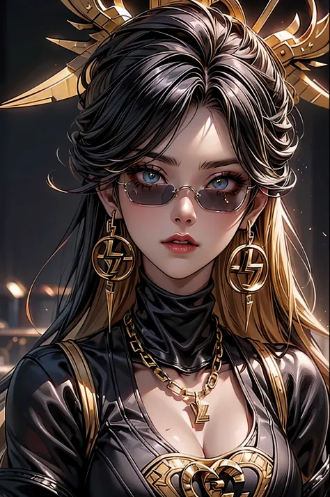 the most gangsta anime girl wearing apex gold and obsidian colors, metal luminance, metal golden pleated shimmer and crystal shi...