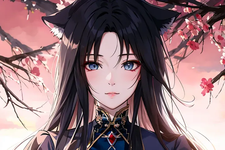 Anime girl with long black hair and blue eyes standing in front of the full moon, Guweiz style artwork, a beautiful anime portrait, a stunning anime face portrait, beautiful anime catgirl, Cat ears anime girl, Digital anime illustration, anime in fantasy s...