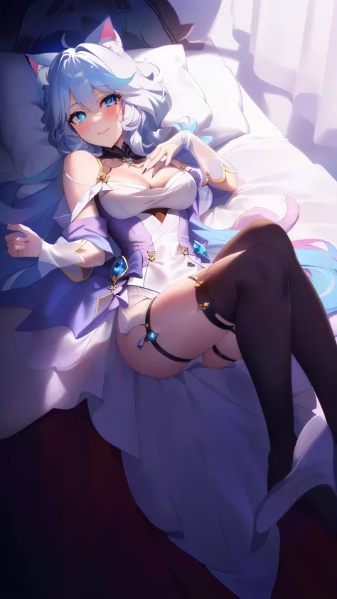 style of anime. 8K,  8K high quality detail art,Anime style 4k, She has a pair of fluffy cat ears，Elegant,quadratic element,Exquisite, tmasterpiece, Best quality at best, {Best quality at best}, White hair, Blue hair, Eau, Grinning, 1 Beautiful woman, tear...