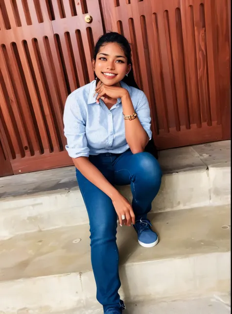 smiling woman sitting on steps with hand on chin, with a happy expression, with a cool pose, by Max Dauthendey, at college, photo taken in 2 0 2 0, jayison devadas, candid picture, marvelous expression, full body photogenic shot, cool pose, profile pic, wi...