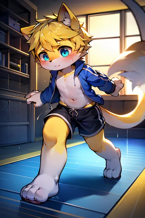 Blue pupil, light yellow furry body, Light yellow furry tail, Boy cat，Beautiful wallpapers，extremely cute，Light yellow hair，P station popular style，One role solo，Light yellow cute plush little long legs，formal style，blush blush，Tight-fitting tracksuits and...