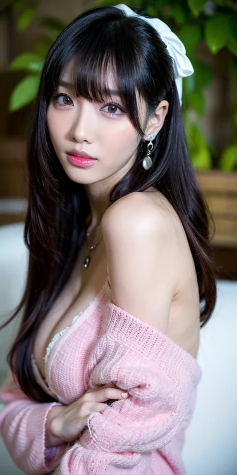 Canon RF85mm f/1.2,masterpiece,best quality,ultra highres,vc,1 girl,(korean mixed,kpop idol:1.2),solo,white_shiny_skin,black eyes,necklace,((black_long_wavy_hair)),(pink_shiny_lips),eyelashes,blunt bangs,aface,make-up,shiny,Pore,skin texture, cleavage, ear...