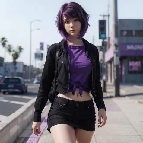 (best quality,realistic:1.2),ultra-detailed,purple-haired girl,purple shirt,vivid colors,photorealistic,black hair with purple tips