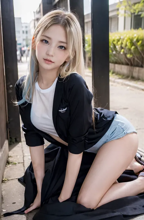 Sexy and very beautiful cute face、shiny beautiful skin、White beautiful skin、(Beautiful pale light blue eyes:1.3), Beautiful very long blonde hair、(blondehair:1.3)、Lots of sexy bangs、18 years old cute little face beautiful girl、Thick long T-shirt、(Thick bla...