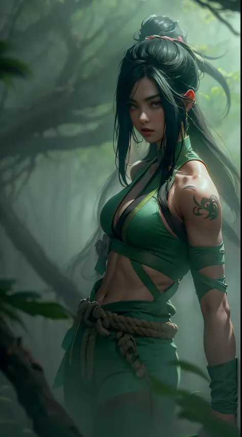 Akali, in the midst of a dense, mystical fog-filled forest, her figure barely visible, creating an air of suspense and danger. The fog plays with the shadows of her ninja outfit, revealing glimpses of her intensity. The environment is rich with ancient tre...