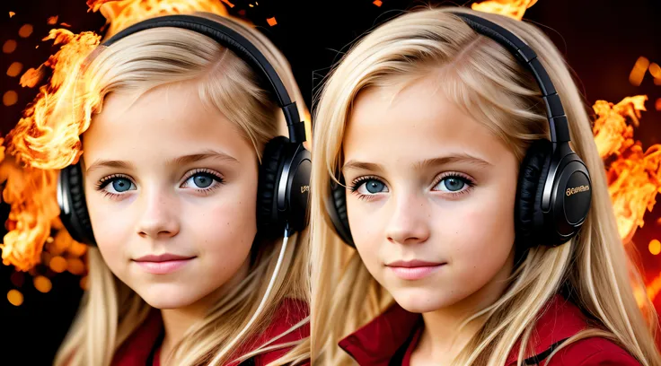 10 years old girl BLONDE CHILD, golden eyes, platinum haired girl, there is a woman with headphones and a red background, on fire, flames in the background, flames surround her, fire and flames and smoke, portrait shot, promotional art, red flames in the b...