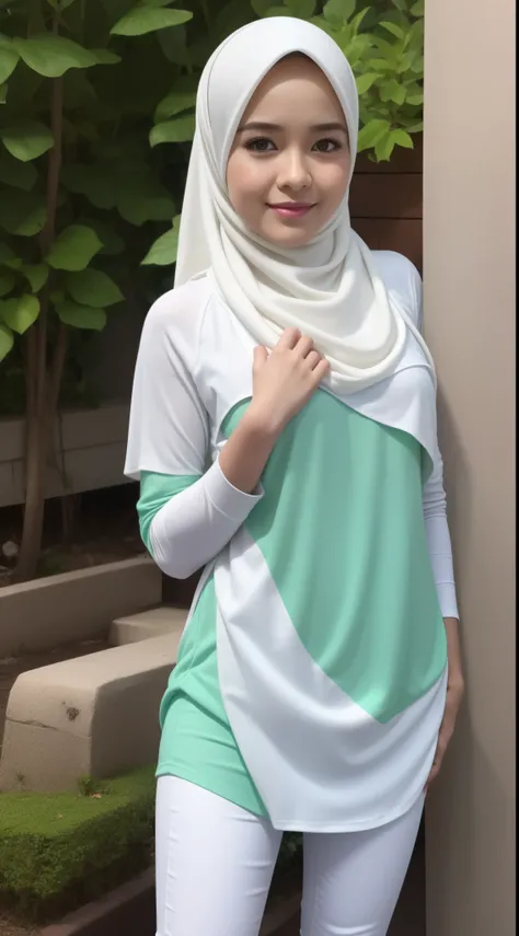 cute malay girl in white color hijab wearing big loose pastel green T shirt with white jeans jeans, in hijab, realistic face, smile, happy, big shirt, long sleeve, dark skin, skin texture, mole, brown skin, big sleeve, mira filzah face, wet skin, petite bo...