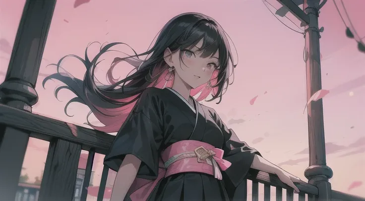 pink alsi color background，Horizontal illustration，railing，Teenage girl，facing at camera，Faraway view，Japanese cartoon，Dark tones，girl with long black hair，jk country，girl behind long iron railing，The wind gently blew her hair，parallel，The railing runs thr...