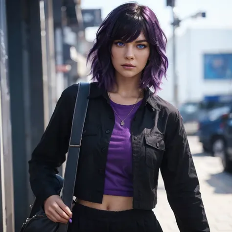 (best quality,realistic:1.2),ultra-detailed,girl with purple hair,purple shirt,vivid colors,photorealistic,black hair with purple tips,fierce expression,light blue eyes