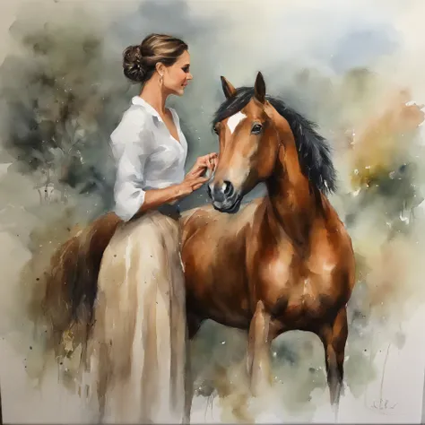 1 horse，Beautiful woman cuddling with a horse、Nine Jun Diagram, Watercolor painting, watercolor paiting, watercolor paiting, Watercolor painting, watercolor on paper, Watercolor on canvas, detailed watercolour, Colorful watercolor painting, watercolor on p...