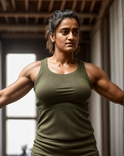 face of pv sindhu and tapsee pannu, perfect thick dusky beauty, dynamic lighting, wearing olive green knit cami top, she is the ...