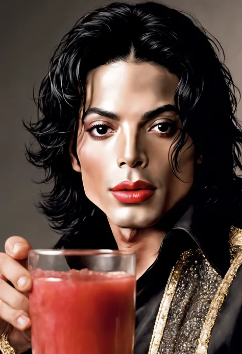 Michael Jackson, with a very beautiful face, there is no hair on his face just the skin on his face, curved eyebrows, with a hole in his chin, thin nose, half angled half oval face, long curly black hair, drinking strawberry juice.