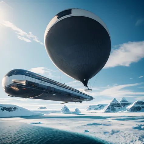 (Best Quality,Photorealistic),(Futuristic,hi-tech:1.1),(panoramic perspective view, 20mm lens), White large airship of the 19th century over Antarctica, A very dynamic scene, cinematic ambient, Epic