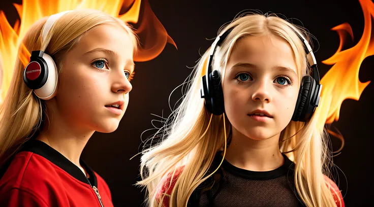 10 years old girl BLONDE CHILD, golden eyes, platinum haired girl, there is a woman with headphones and a red background, on fire, flames in the background, flames surround her, fire and flames and smoke, portrait shot, promotional art, red flames in the b...