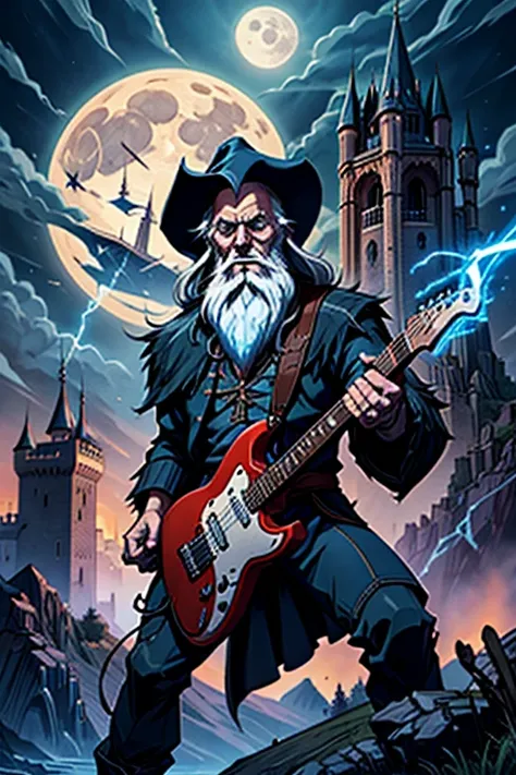 badass wizard shredding on an electric guitar in front of a castle with a full moon in the background, old man, long beard, lightning, glowing runes, high quality, masterpiece