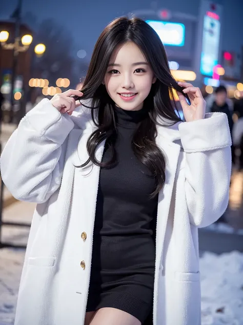 top-quality、Top image quality、4K resolution、Beautiful Women in Perfect Style、Exclusive coat、Thin sweater、Snowy night city、lightsmile