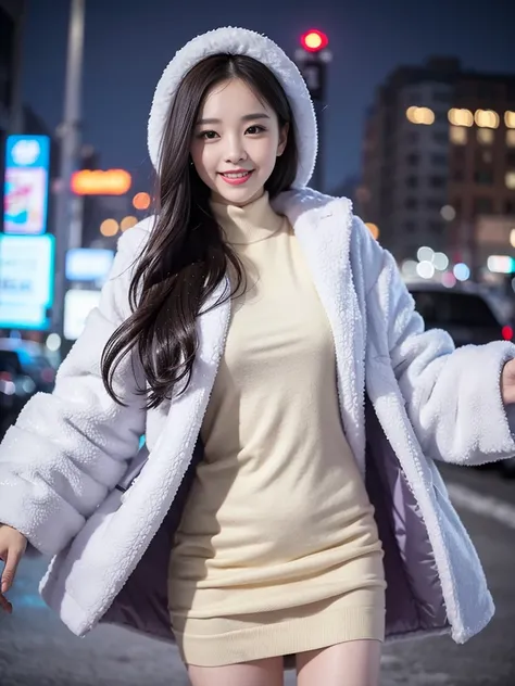 top-quality、Top image quality、4K resolution、Beautiful Women in Perfect Style、Exclusive coat、Thin sweater、Snowy night city、lightsmile