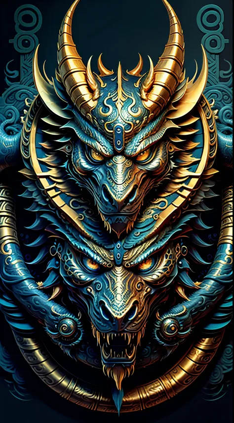 w44p3n blue and gold chinese dragon with blue eyes in front of black background