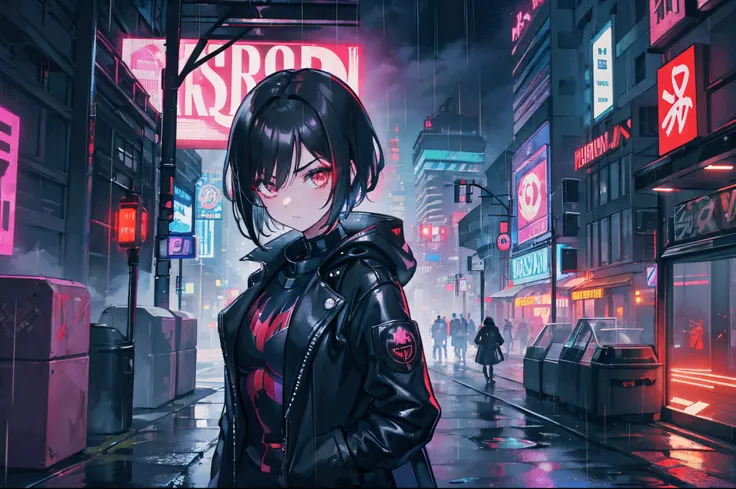 1 girl, short black hair, wearing jacket, gotham city, cyberpunk city, red ambience, night, rain, 8k, anime wallpaper 8k, absurdres, ultrasharp, very dark