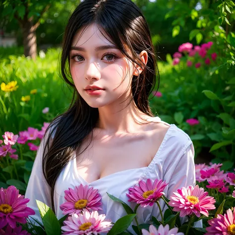 high quality, realistic, vibrant colors, beautiful detailed eyes, beautiful detailed lips, long eyelashes, girl, garden, flowers, sunshine, soft lighting, lively atmosphere, medium: oil painting