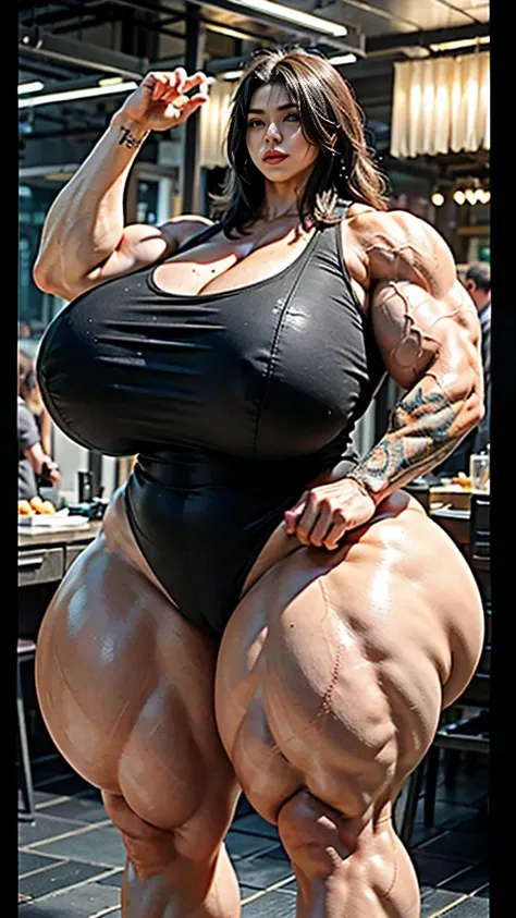 ((Head to toe:1.5)), ((retrato de corpo inteiro)), ultra hd, uma mulher Araffe usando micro bikini preto posando para uma foto, corpo grande, pernas longas, exaggeratedly large physique, thicc, absurdly massive physique, poderoso e enorme, huge muscles, ma...