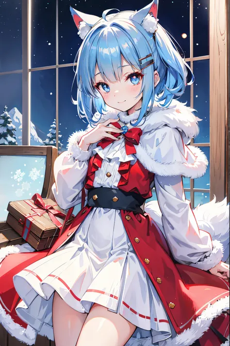 (masterpiece, best quality:1.1), light blue cat ears, light blue hair, blue eyes, anime, cute, asashio (azur lane), short hair, side pony tail, hairclip, flower brooch, blue ribbon, teen, small breast, ahoge, solo, looking at viewer,  red christmas dress, ...