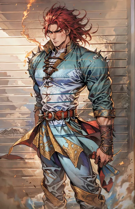 a young man, deep blue short hair, a dense and voluminous spiky hairstyle, two long hair bangs, an arrogant demeanor, a fierce gaze, brown skin, simple solid-colored traditional Chinese clothing, a red belt, flowing hem, red wrist guards, coarse cloth trou...