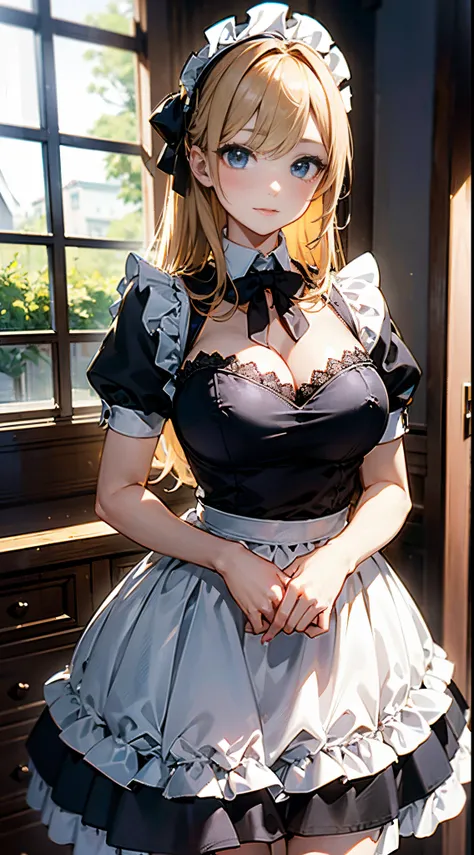 ​masterpiece、top-quality、hight resolution、extremely detailed photo、profetional lighting、A sexy maid、doress、Lori in a dress、gorgeous maid、maid clothes、maid dress、Maid in uniform、Girl in maid clothes、Black ruffled dress、((a blond))、fullllbody、