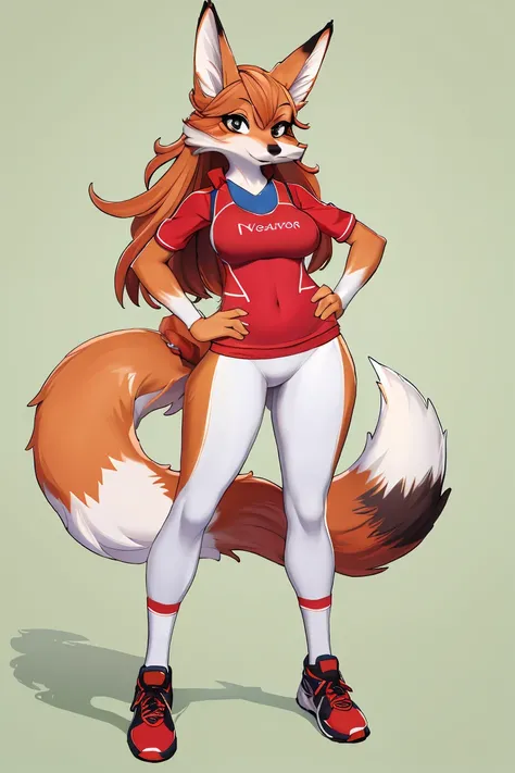 (hi res), ((Masterpiece)) , ((Best Quality)), illustartion, womans, Fox, average breasts, full body, furry, modest, sport outfit,