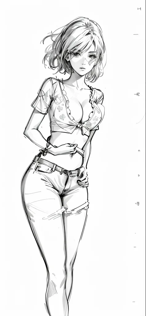 a drawing of a woman in jeans and a top holding a flower, thick outline, thick outlines, outline sketch, pinup body, realistic proportions sfw, pinup pose, girl sketch, inked digital, lowres, loose pencil sketch, sketchy artstyle, line sketch, detailed but...