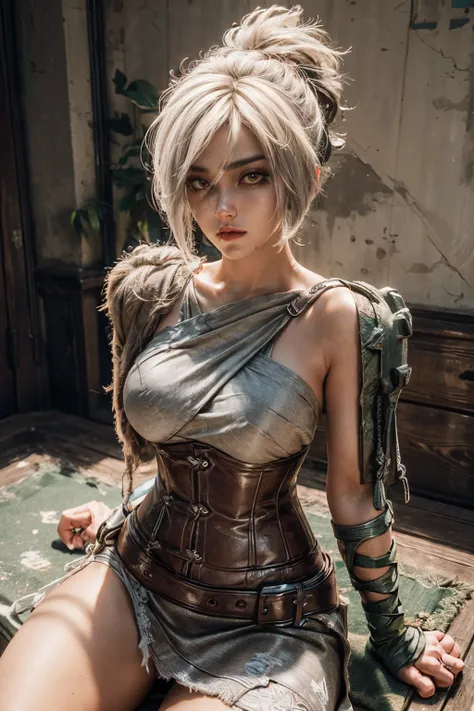 (Masterpiece:1.2), best quality, (ultra-detailed),hyper detailed, riven (league of legends), 1girl, folded ponytail, short dress, single pauldron, corset, white huge hair, sitting, upper body, cowgirl shot, open leg, long leg, Remove clothes on body:1.4, S...