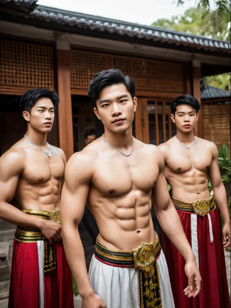 Ancient Thai men,Ayutthaya,Thai men with good bodies,handsome,Thai style wooden house,Wear Thai costume,rich,silver,diamond,gem,gem,Six Pack,musculine