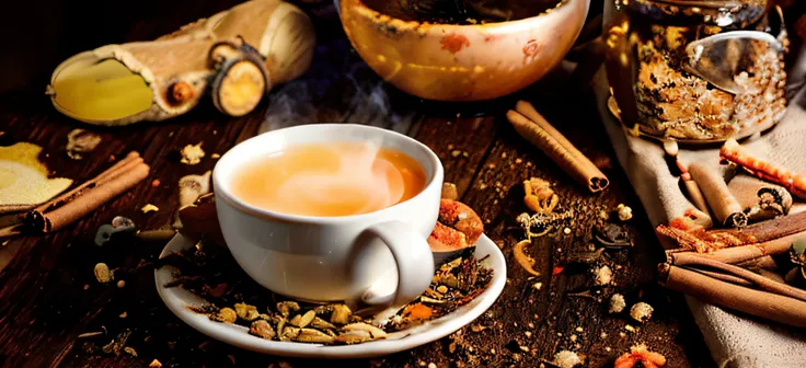 there is a cup of tea and some spices on a table, warm, drinking tea, version 3, stunning visual, enhanced, ❤🔥🍄🌪, !!beautiful!!, is ((drinking a cup of tea)), mate, tea, beautiful image, spices, stunning image, trending ，, warm and joyful atmosphere, beaut...