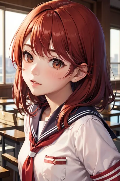 fujisaki shiori，light red hair color，shairband，a sailor suit，School building at dusk，back lighting，Realistic，makeups