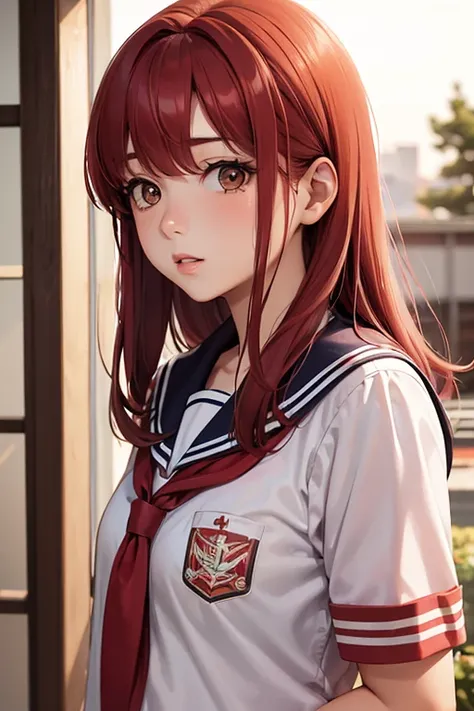 fujisaki shiori，light red hair color，shairband，a sailor suit，School building at dusk，back lighting，Realistic，makeups