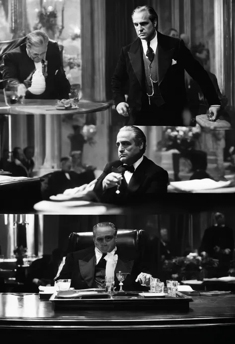 A black and white photo of Don Vito Corleone enjoying a cigar in a dimly lit room,The Godfather,Don Vito Corleone has a distinctive and memorable appearance that adds to his powerful presence.
1. Bald Head: Don Vito Corleone is depicted as having a bald he...