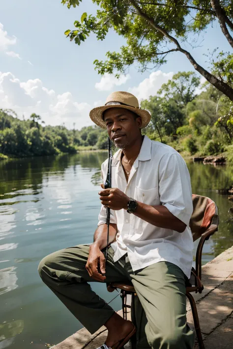 mulatto fisherman, wearing a panama, sitting on a chair with a fishing rod in his hands in nature