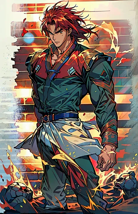 a young man, deep blue short hair, a dense and voluminous spiky hairstyle, two long hair bangs, an arrogant demeanor, a fierce gaze, brown skin, simple solid-colored traditional Chinese clothing, a red belt, flowing hem, red wrist guards, coarse cloth trou...