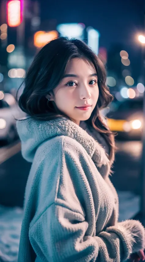 8K、Raw photography、realisitic、(high-detail、top-quality:1.2)、Beautiful Women in Perfect Style、Big, Exclusive coat、Thin sweater、Snowy night city