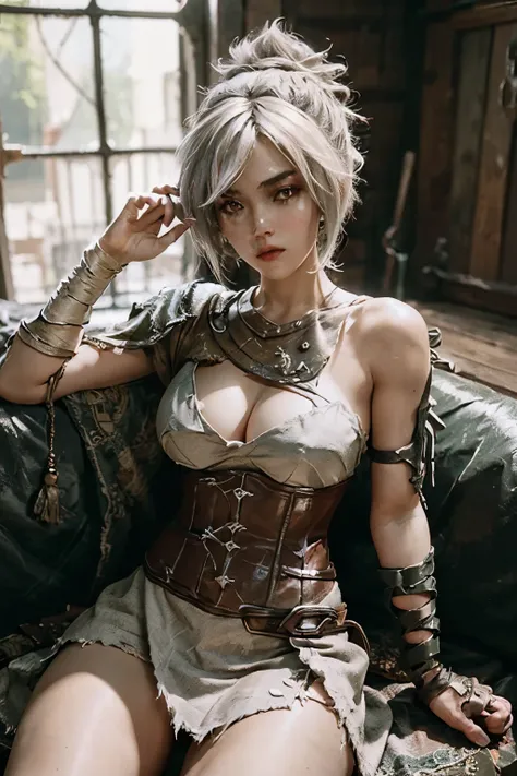 (Masterpiece:1.2), best quality, (ultra-detailed),hyper detailed, riven (league of legends), 1girl, folded ponytail, short dress, single pauldron, corset, white huge hair, sitting, upper body, cowgirl shot, open leg, long leg, Remove clothes on body:1.4, S...