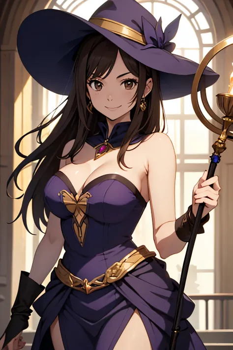 woman, pretty face, dark brown long hair, brown eyes, hourglass body, strapless purple dress, holding staff, smiling, purple mage hat, light armor, jewels, medium breas, tall woman