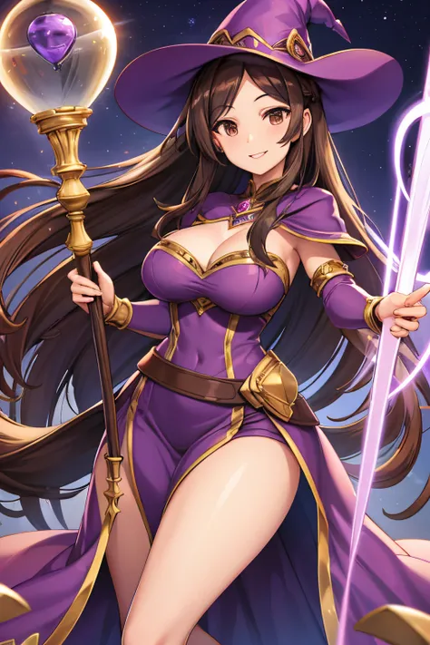 woman, pretty face, dark brown long hair, brown eyes, hourglass body, strapless purple dress, holding staff, smiling, purple mage hat, light armor, jewels, medium breas, tall woman