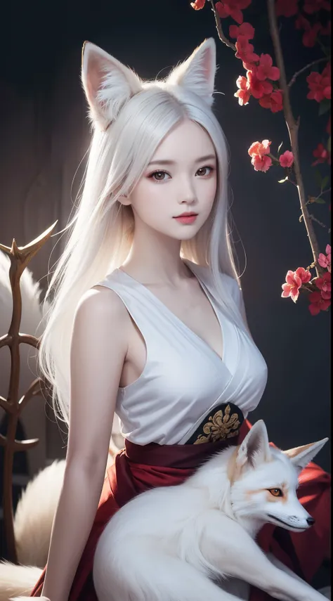 1girll，独奏，（tmasterpiece：1.2），beautifuldetails，Extremely colorful，Exquisite details，s delicate face，eyes with brightness，The details are complex，Realiy，Ultra photo realsisim，A very beautiful girl and a white-haired fox sat on a branch：1.1，Large breasts，Rais...