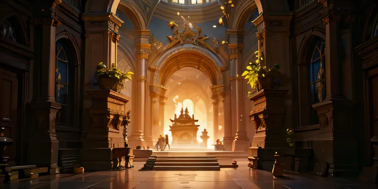 un pasillo poco iluminado con un gran arco y una escalera, sala del trono decadente, unreal engine 5 render dramatic, unreal eng...