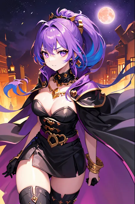 vampire queen, perfect body shape, small breast, battle skirt, (royal cape:1.1), main color is matte black, secondary color is purple, sexy and devil aura, original character, masterpieces, seducing purple pupil, (multi color high pony tail 1:1.2), walking...